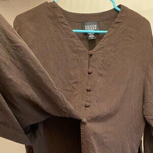 Eileen Fisher 100% Silk Dark Brown Half-Button Button-Down Shirt SZ Small